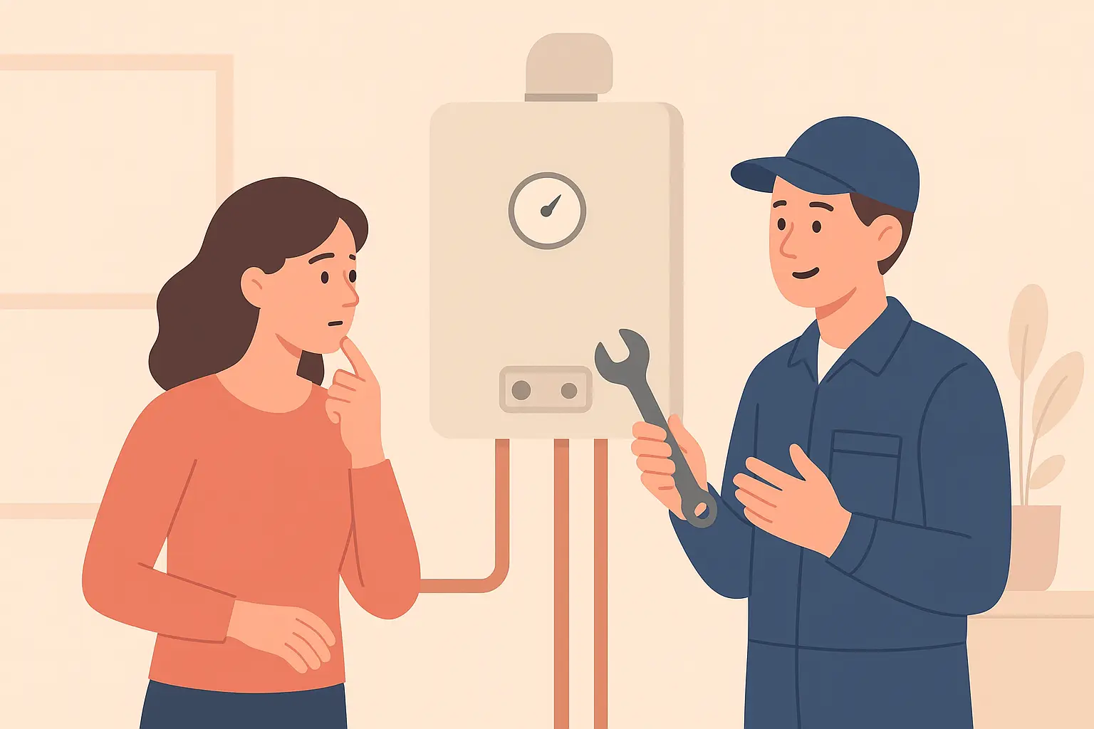 broken boiler and heating engineer talking to female