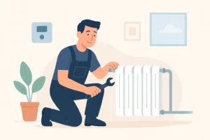 heating engineer looking at Radiator in a Surrey home