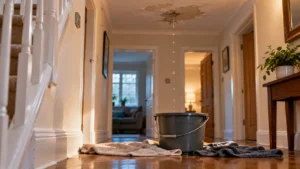 Water dripping from a damp patch in a ceiling into a bucket on a wooden hallway floor, with towels laid down