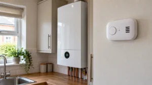 Wall mounted gas boiler in a kitchen. A carbon monoxide monitor is on the wall next to it