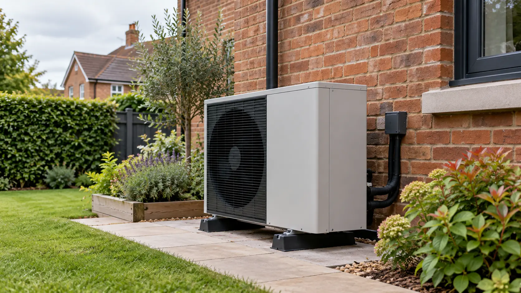 Heat pump on the outside wall of a house