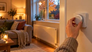 Hand adjusting a wall-mounted room thermostat in a cosy Surrey living room on an autumn evening