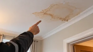 a hand pointing at a yellow watermark on the ceiling