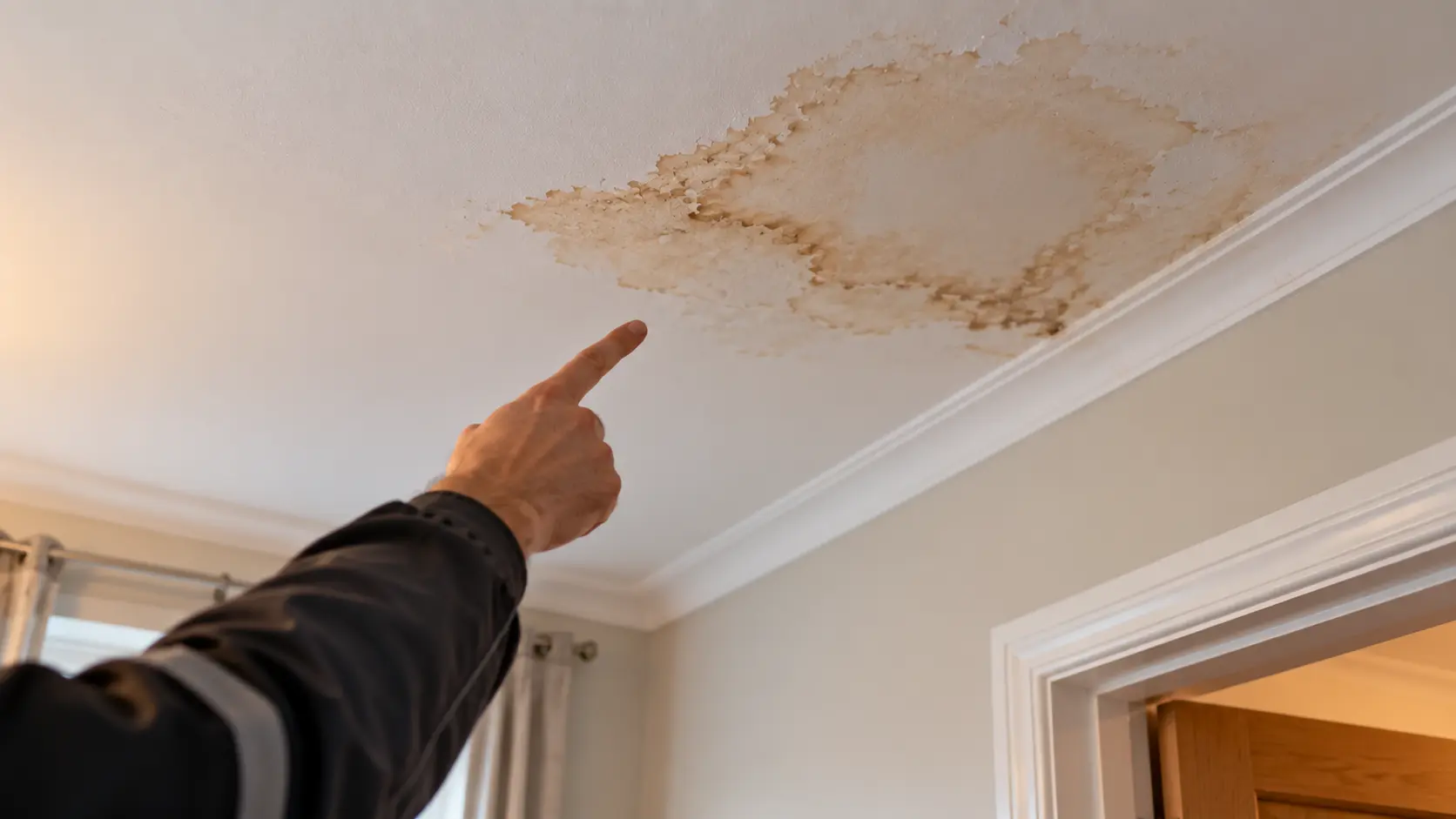 a hand pointing at a yellow watermark on the ceiling