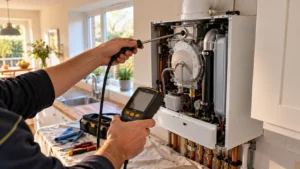 Heating engineer holding a flue gas analyser probe at the test point of a combi boiler with the casing removed