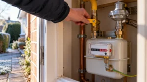 Domestic gas meter in a meter cupboard with the yellow emergency control valve lever being turned off