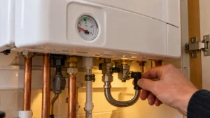 Hand turning the filling loop valve under a white combi boiler to top up low pressure shown on the boiler pressure gauge